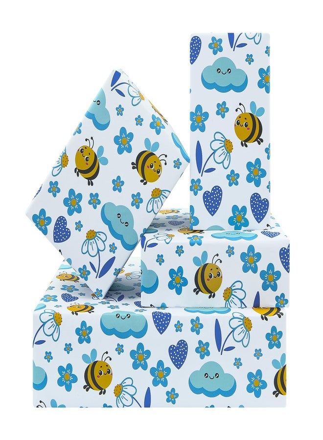 Boerni Bee Gift Wrapping Paper for Kids Girls Boys, Lovely Blue Designs Flowers Cloud Heart Bee Patterns, Spring Summer BumbleBee Folded Flat Gift Wrap Paper for Baby Shower Birthday Holiday Art Paper - Image 1